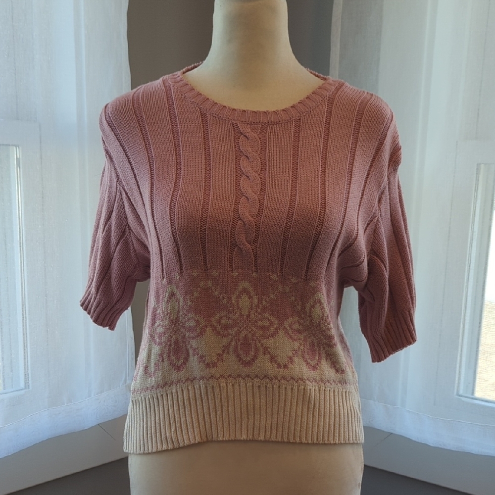 Pink Cable Knit Short Sleeved Granny Sweater